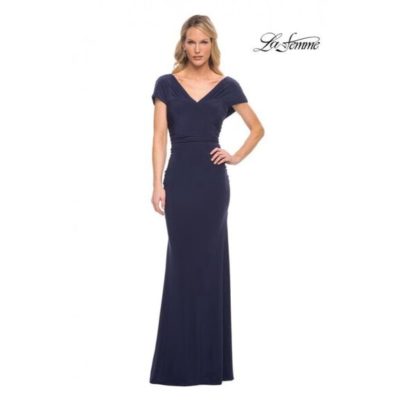 La Femme Womens Size 8 Navy Blue Jersey Evening Gown Maxi Dress Cocktail Wedding - Picture 1 of 12